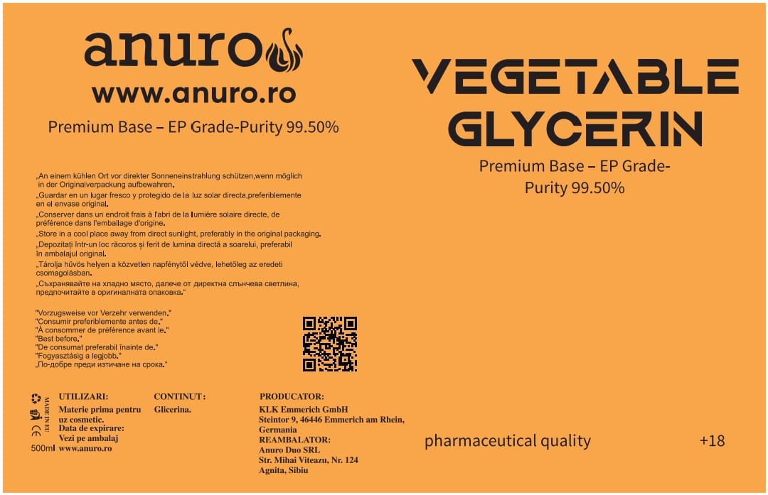 Eticheta glicerină vegetală 500 ml, Premium Base, EP Grade, formulă nouă