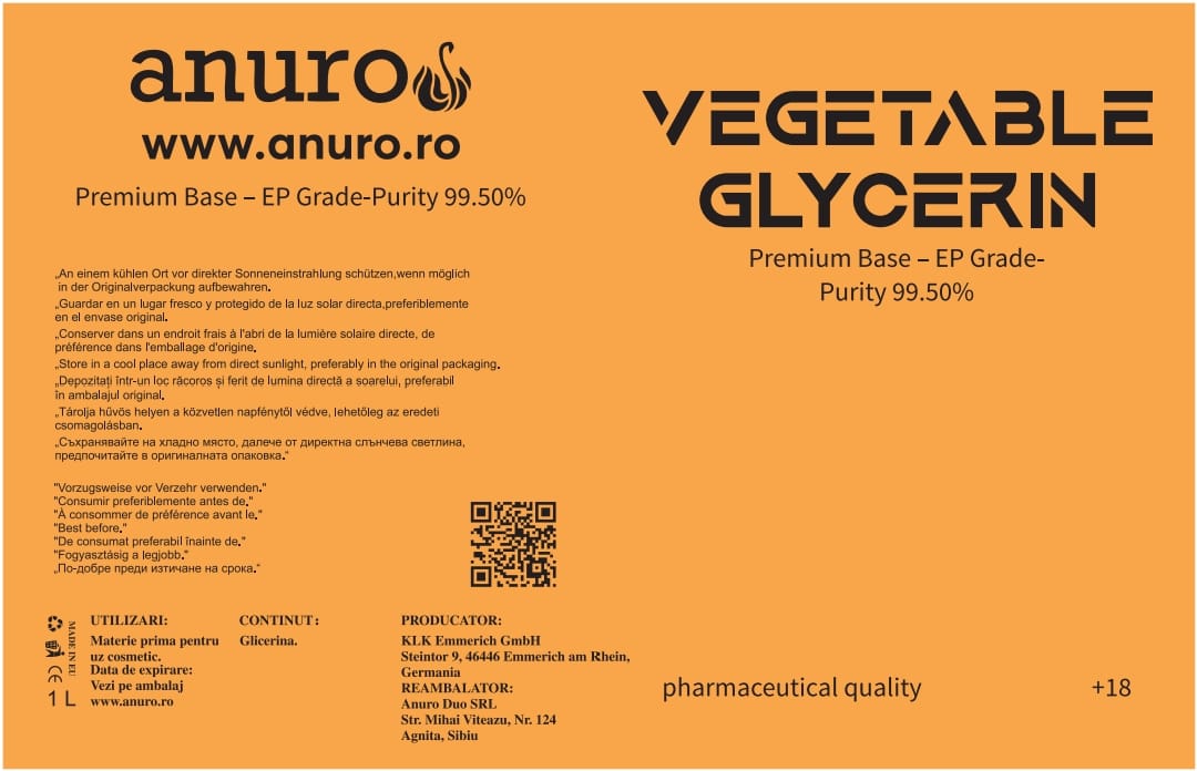   Glicerina Vegetala  EP Grade (farmaceutic) Puritate: 99,50% Origine: Vegetală
Utilizări: Produse cosmetice, e-liquide, suplimente, preparate farmaceutice
Avantaje: Neutru, hidratant, non-toxic Perfect pentru formulări sigure și eficiente, garantând calitate premium și rezu